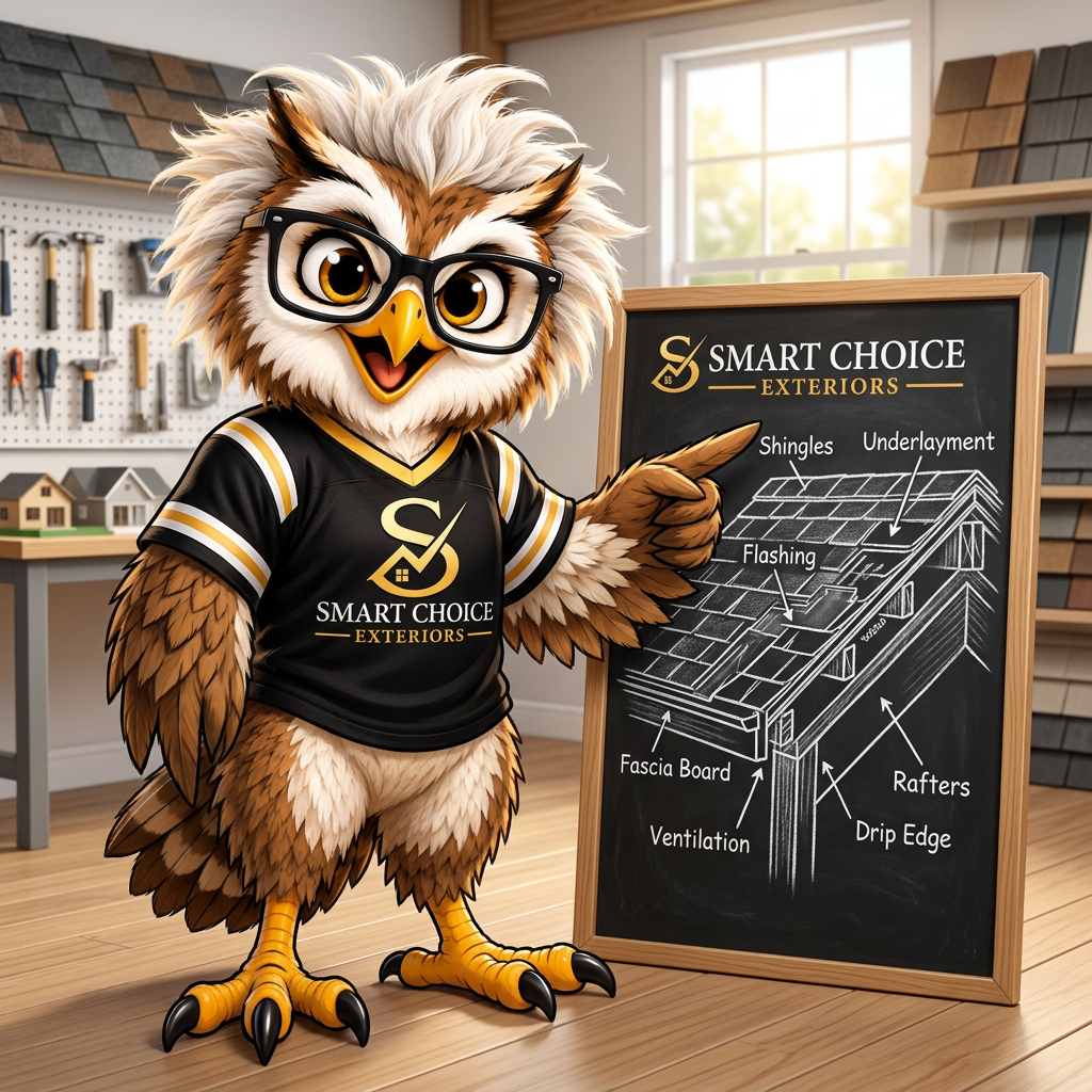 Smart Choice owl mascot explaining smart roofing at a chalkboard
