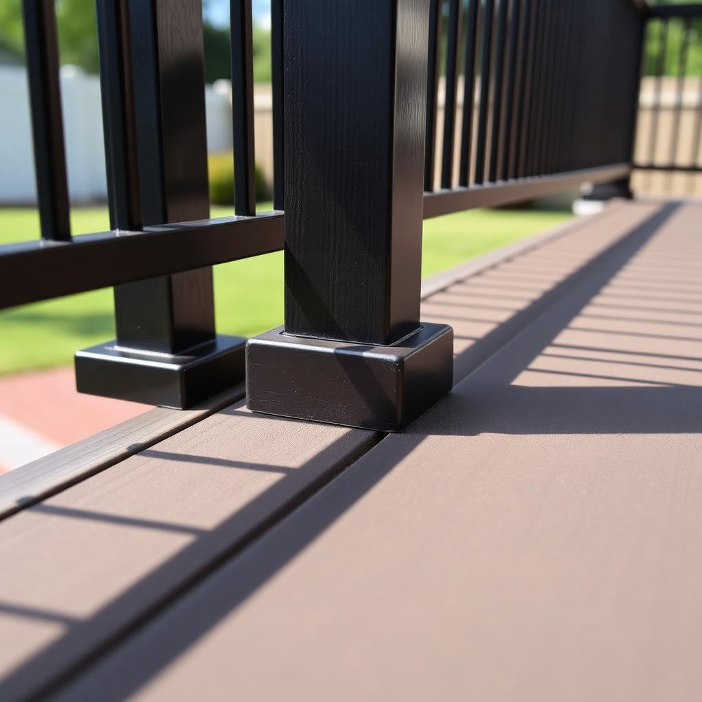 Close-up of composite deck boards and railing post