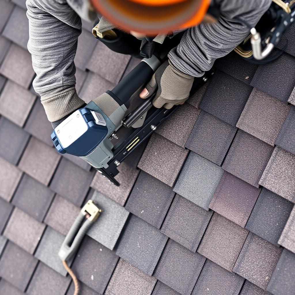 Roofer nailing architectural shingles with a nail gun