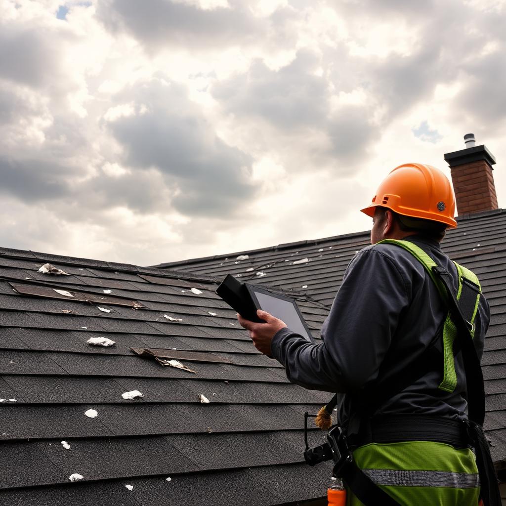 Roofer inspecting commercial roof damage